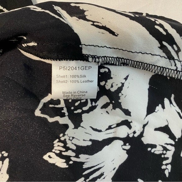 PARKER Leather Silk Top L Sleeve V Neck Abstract Floral White Black Print M - Picture 13 of 13